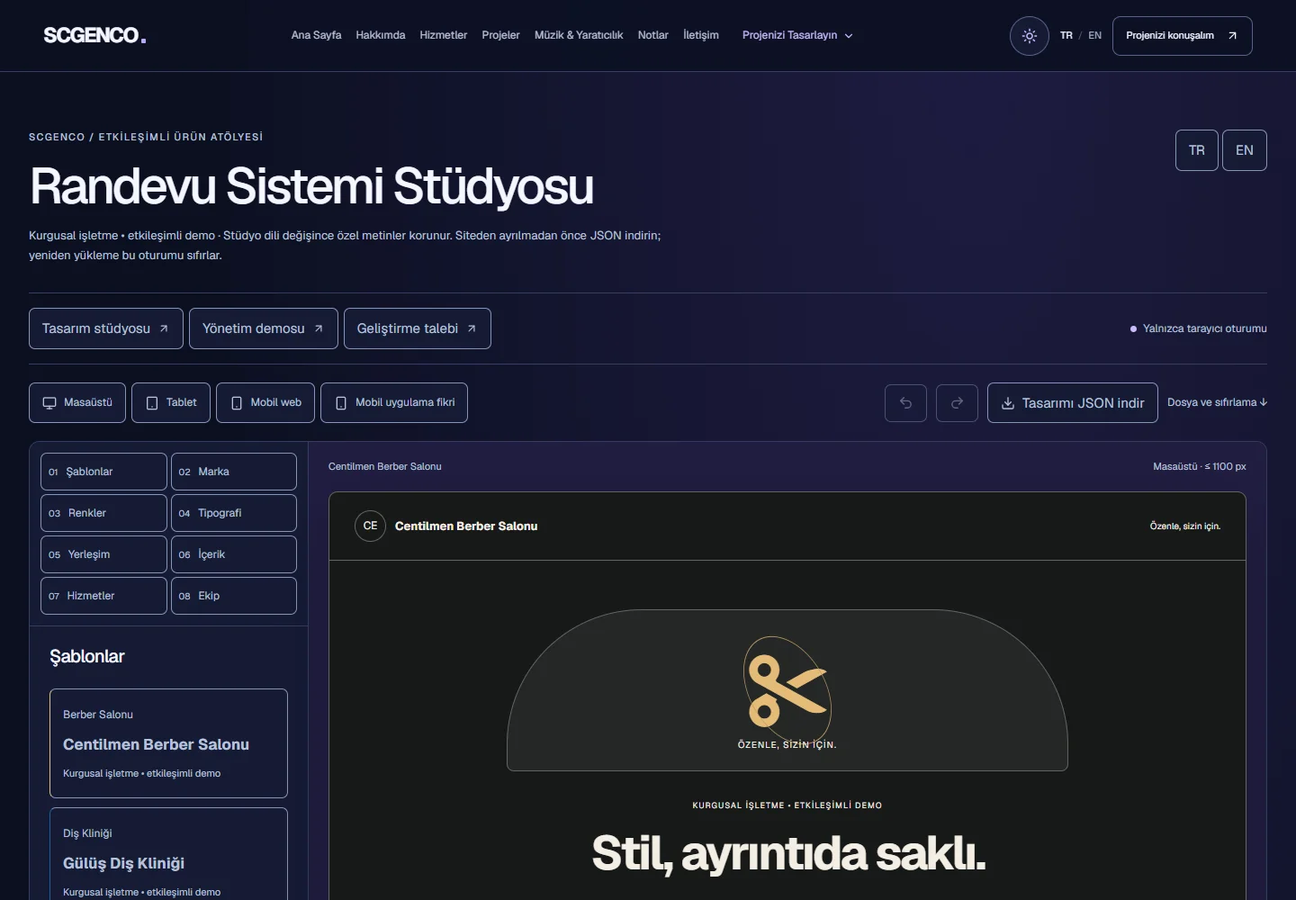 SCG Randevu Sistemi Stüdyosu çalışan tasarım editörünün gerçek ekran görüntüsü; kurgusal berber şablonu