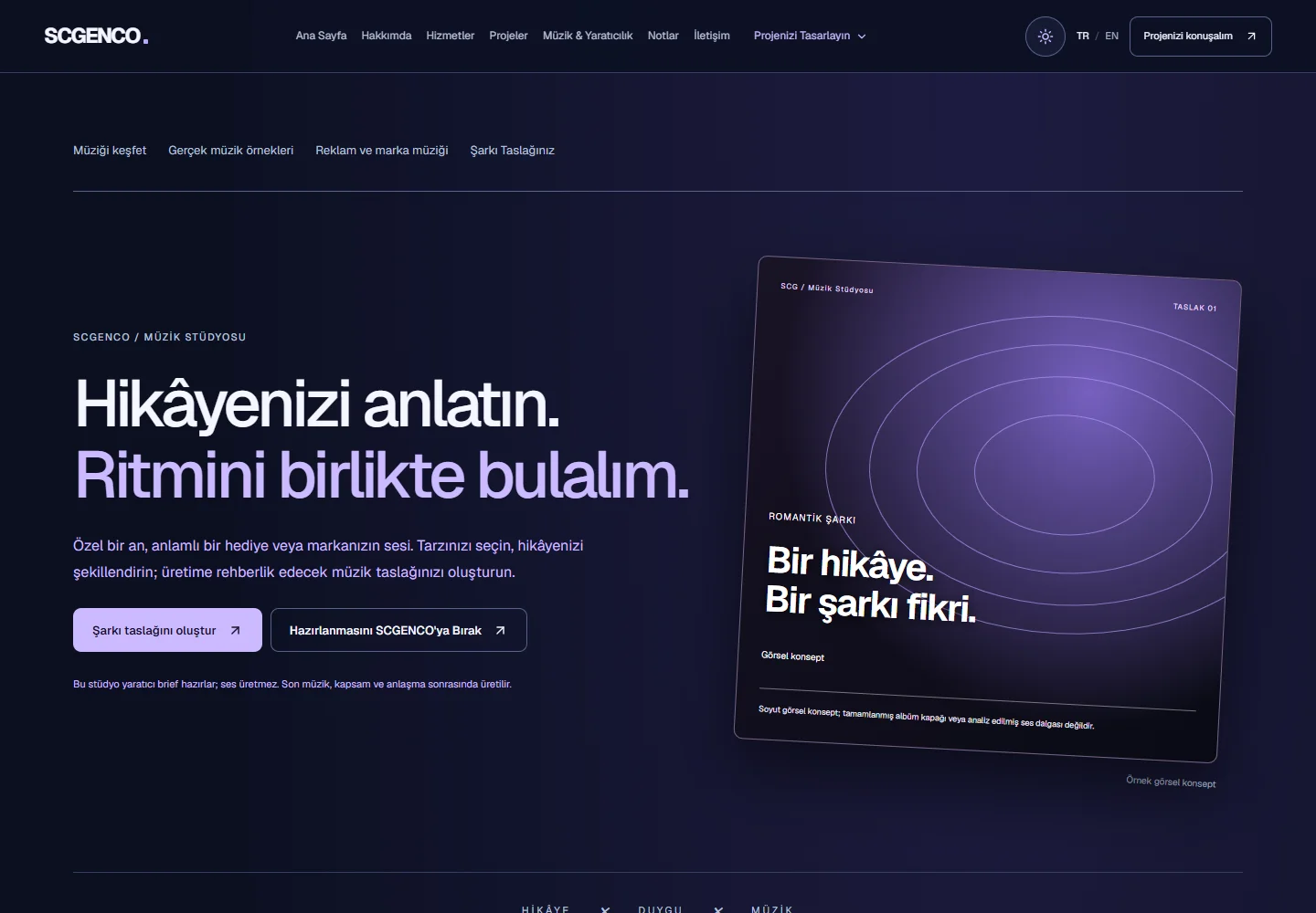 Çalışan Müzik Stüdyosu tanıtım sayfasının gerçek ekran görüntüsü