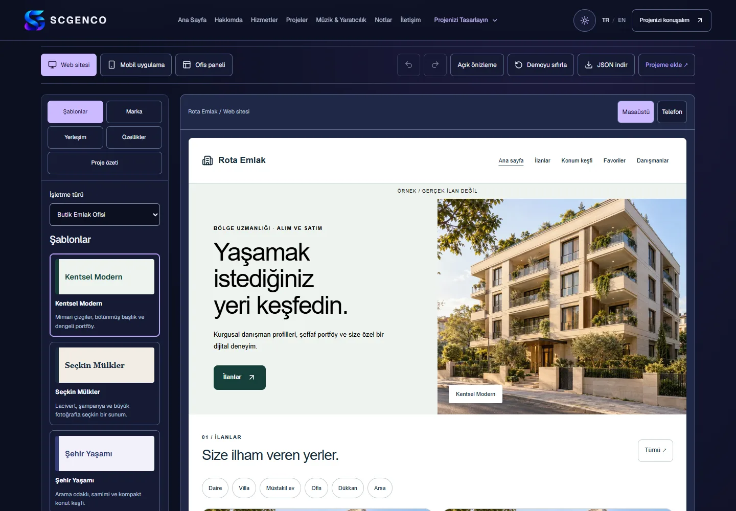 Emlak Stüdyosu uygulamasının gerçek ekran görüntüsü; kurgusal portföy