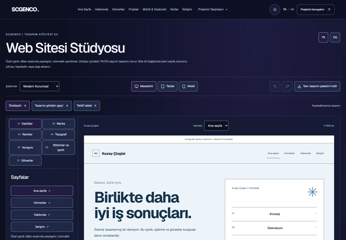 Web Sitesi Stüdyosu'nun gerçek düzenleyici ekranı